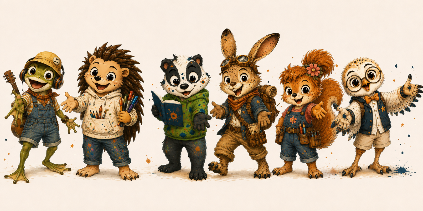 Les six personnages de Kidikonte : grenouille musicienne, hérisson bricoleur, blaireau peintre, lapin explorateur, écureuil décoratrice et chouette à lunettes